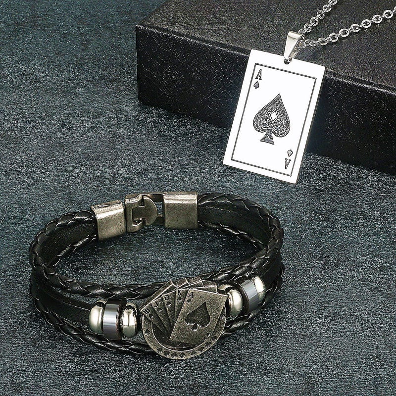 Aroncent 2 Pcs Stainless Steel Ace of Spades Necklace Braided Leather Cool Bracelet Poker Jewerly Set Cool Bracelets Cool Necklace for Men - Image 4